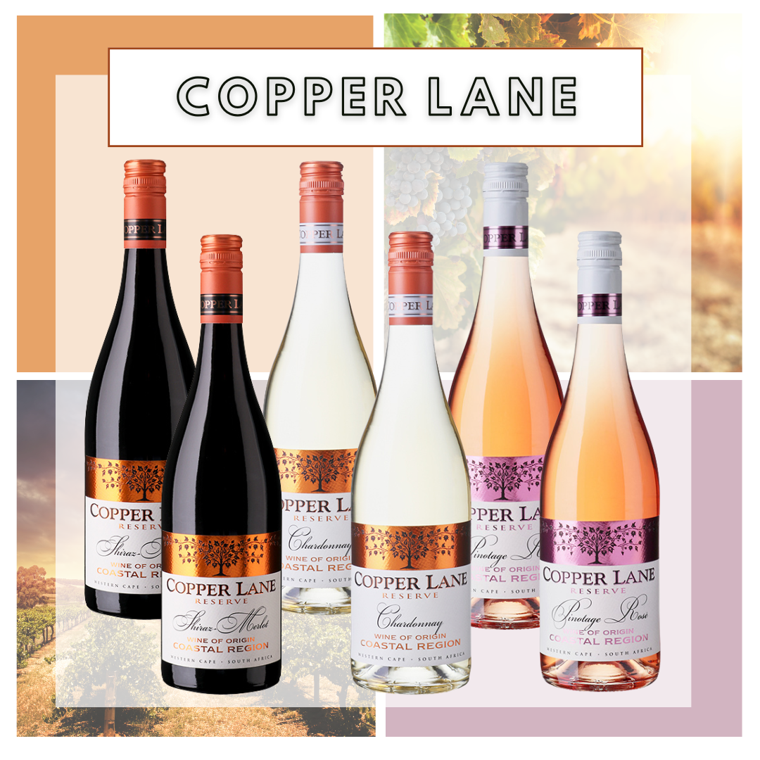 Vinsmagekasse med seks forskellige flasker rødvin, hvidvin og rosé fra Copper Lane vinhuset.