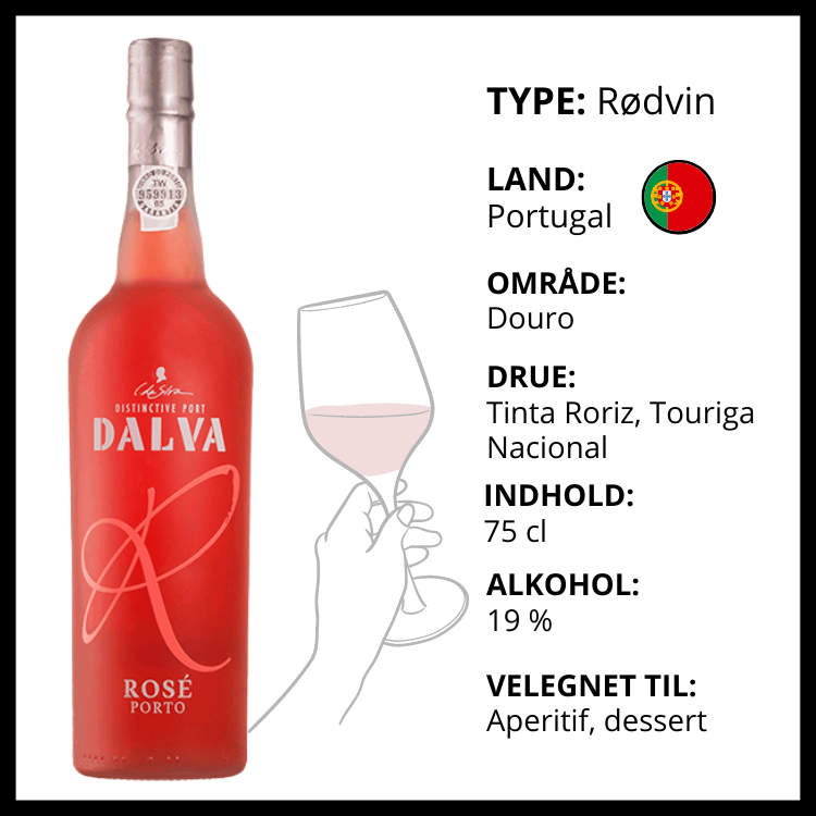 Dalva Rosé Porto fra Portugal med detaljer om druer, alkohol og velegnede desserter.