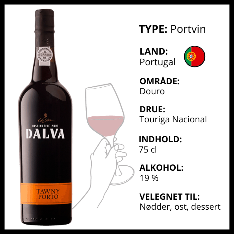 Dalva Tawny Porto portvin fra Portugal med produktinformation om drue, alkohol og madparring.