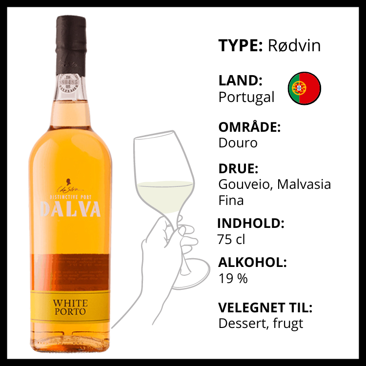 Dalva White Porto portvin fra Portugal med produktfakta om druer, alkohol og anvendelse til dessert.