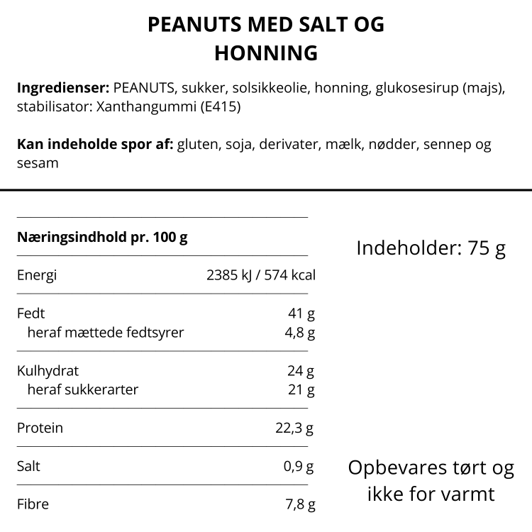 Varedeklaration og næringsindhold for peanuts med salt og honning fra Delikatessehuset.