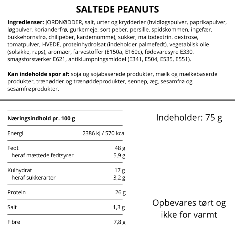 Ingrediensliste og næringsindhold for saltede peanuts fra Delikatessehuset.