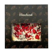 Elmelund Chocolatier økologisk hvid chokoladeplade med lakrids og hindbær i gaveæske.