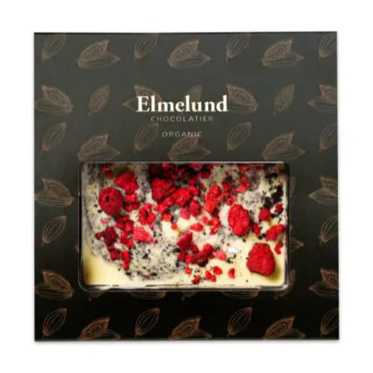 Elmelund Chocolatier økologisk hvid chokoladeplade med lakrids og hindbær i gaveæske.