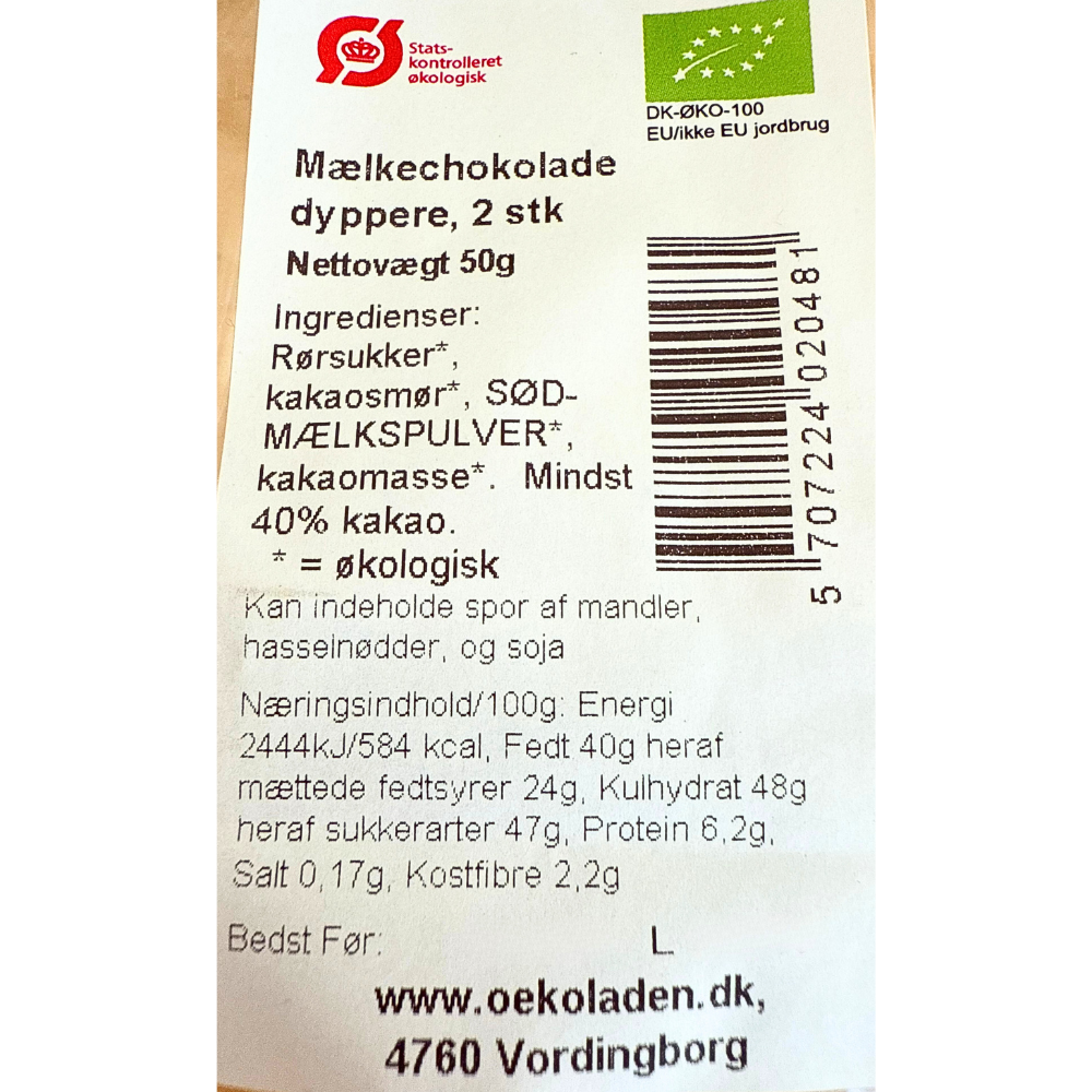 Økologisk ingrediensliste og næringsindhold for Elmelund mælkechokolade rørepinde til varm kakao.