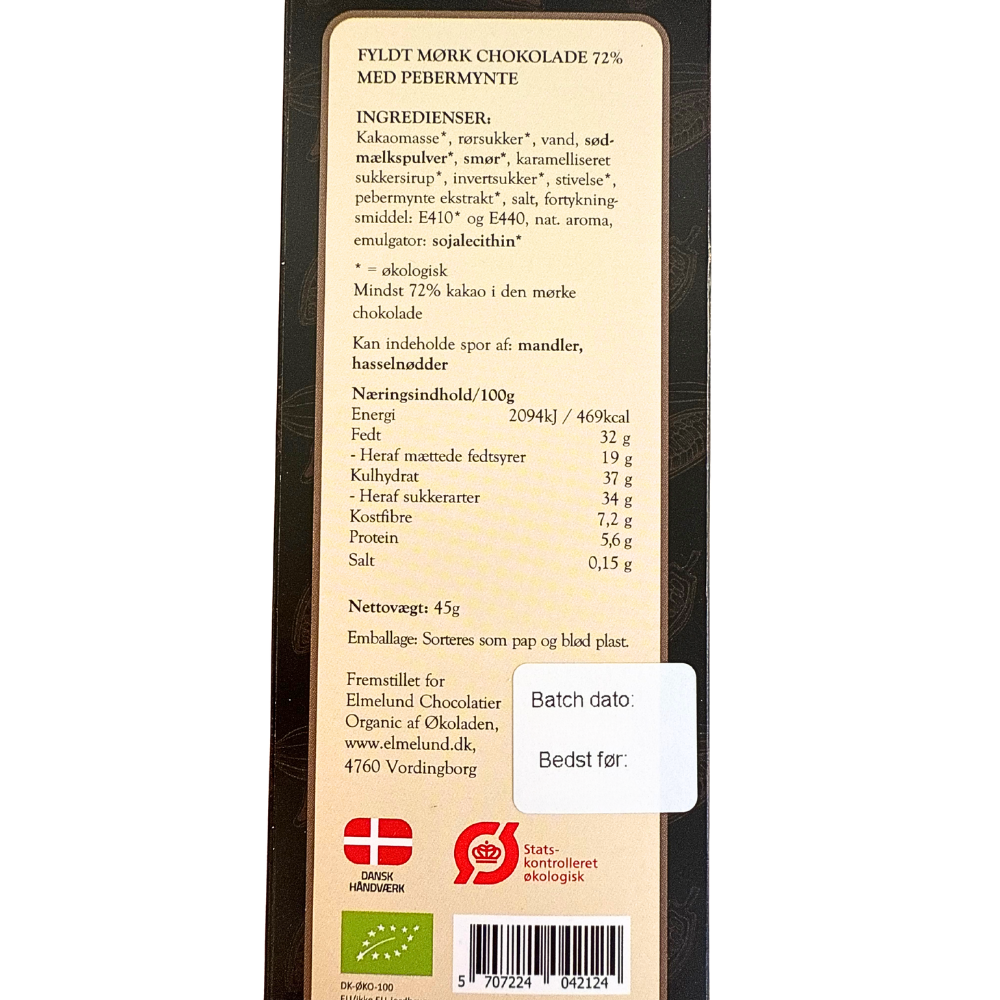 Bagsiden af Elmelund fyldt mørk chokolade med pebermynte viser ingredienser og økologisk certificering.