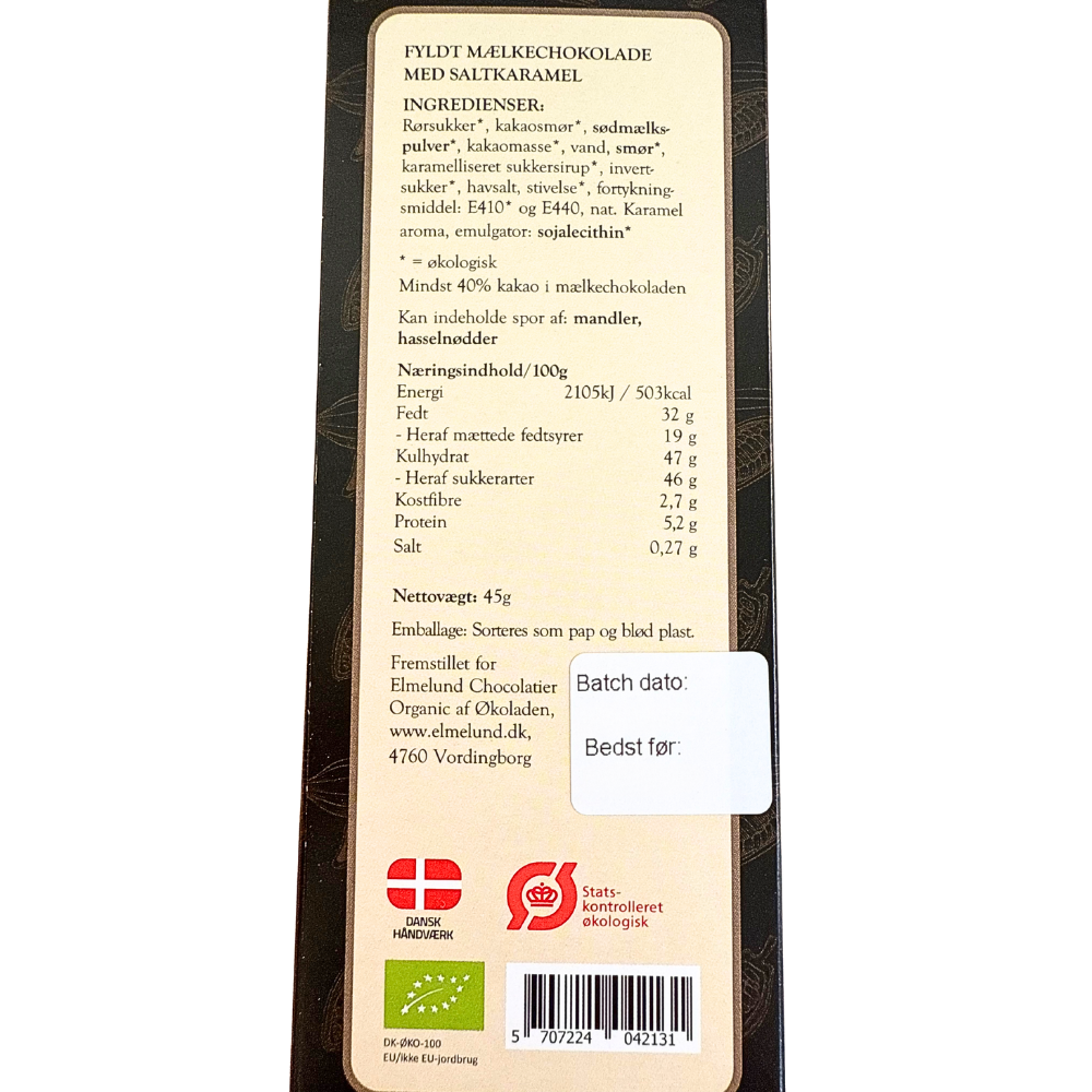 Økologisk fyldt mælkechokolade med saltkaramel fra Elmelund Chocolatier bagside med ingrediensliste og næringsindhold.