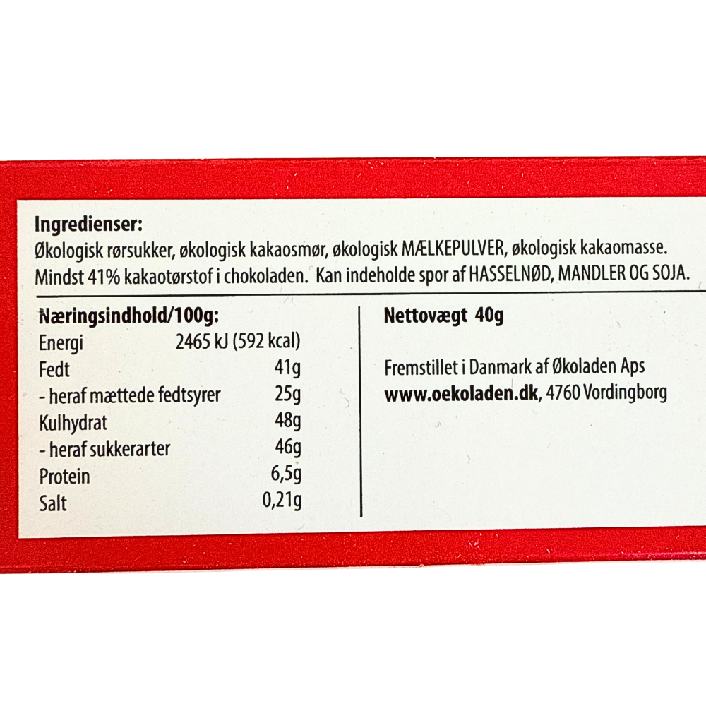 Næringsindhold og ingrediensliste på økologisk Elmelund lys pålægschokolade fra Økoladen.