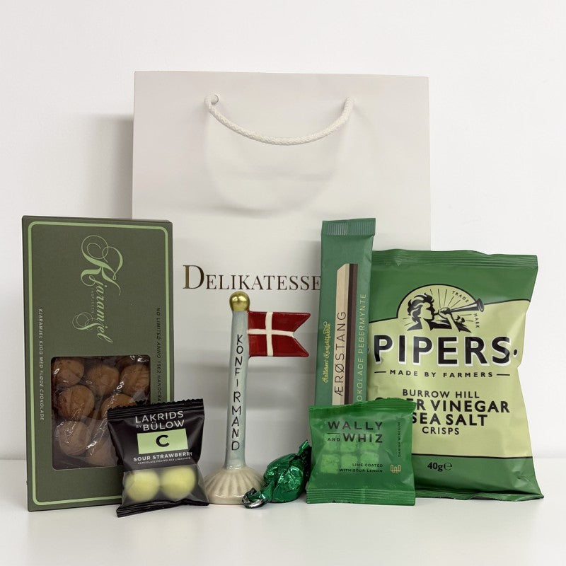 Grøn konfirmand gavepose m. snacks