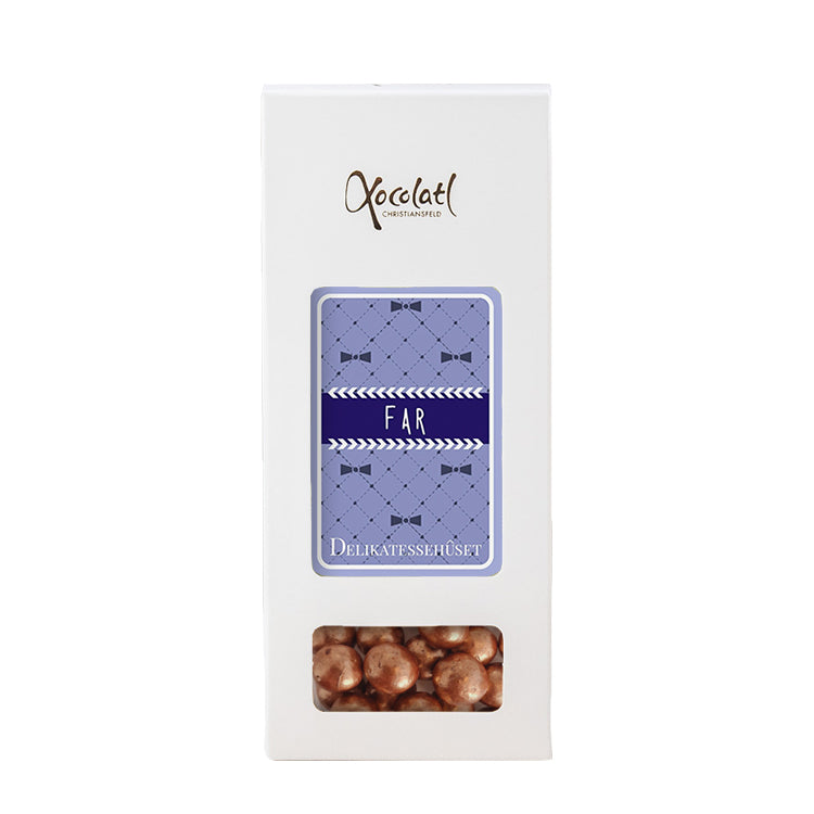 Gaveæske fra Xocolatl til far med kobberlakridskugler overtrukket med chokolade fra Delikatessehuset.