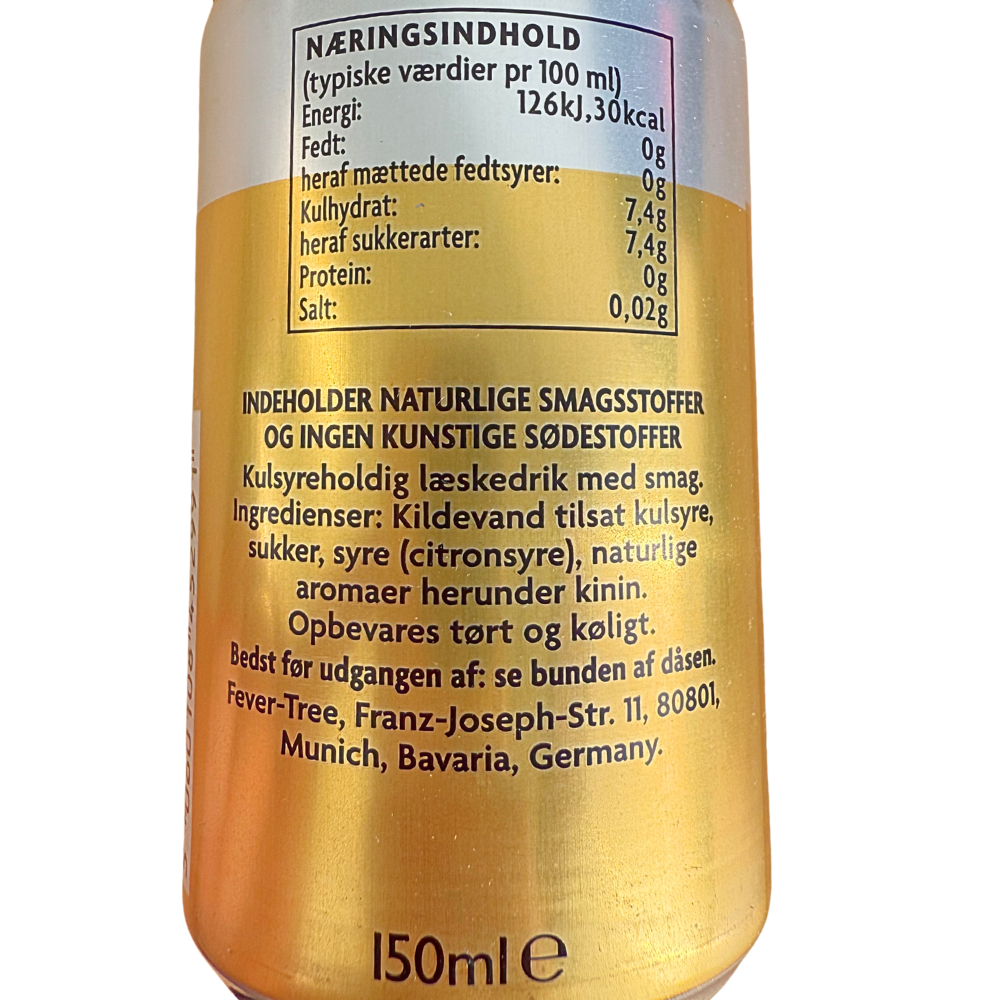 Næringsindhold og ingredienser på en dåse Fever Tree Premium Indian Tonic Water.