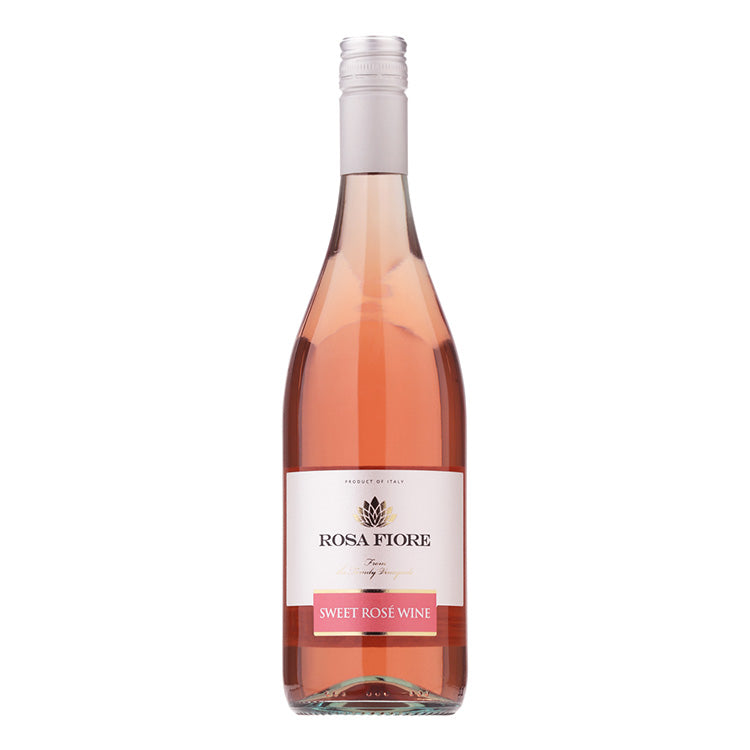 En flaske Rosa Fiore Sweet Rose italiensk rosévin fra Delikatessehuset på en hvid baggrund.