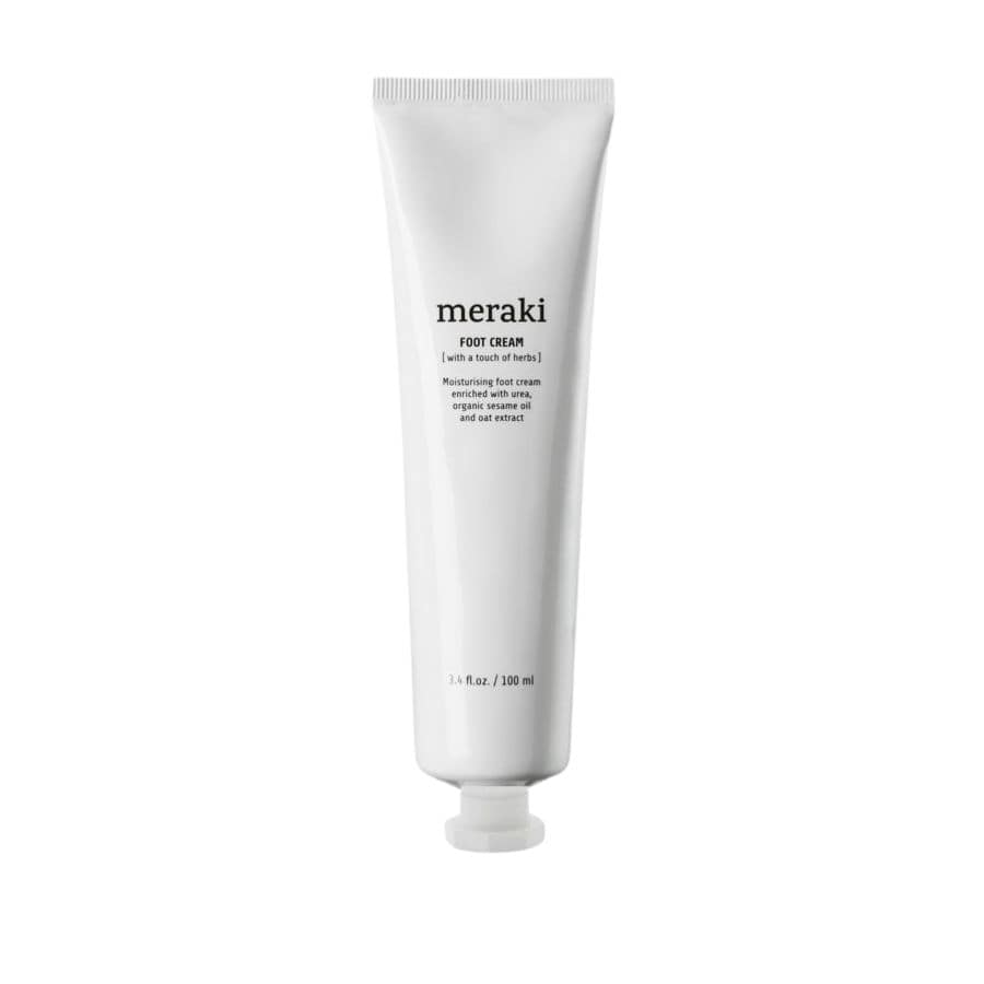Meraki Foot Cream i en 100 ml tube med fugtgivende ingredienser til hudpleje.