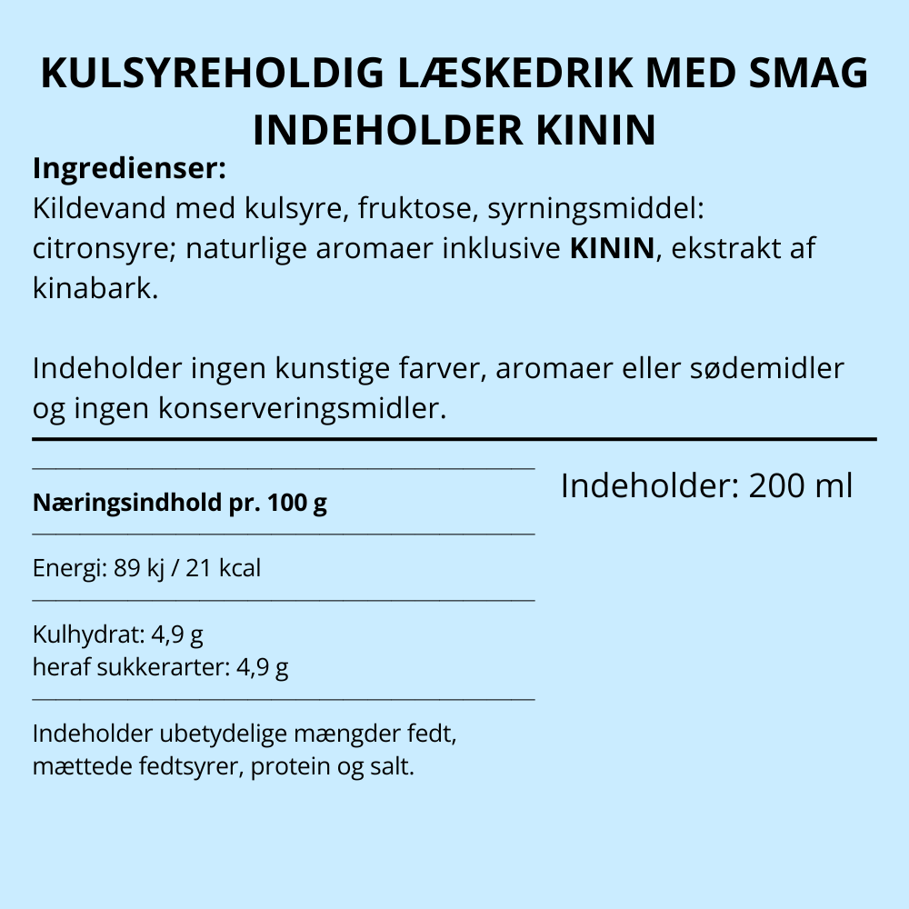 Franklin and Sons Mallorcan Tonic Water ingrediensliste og næringsindhold i 200 ml flaske.