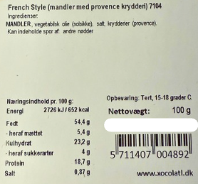 Ingrediensliste og næringsindhold for French Style mandler med provence krydderi fra Xocolatl.