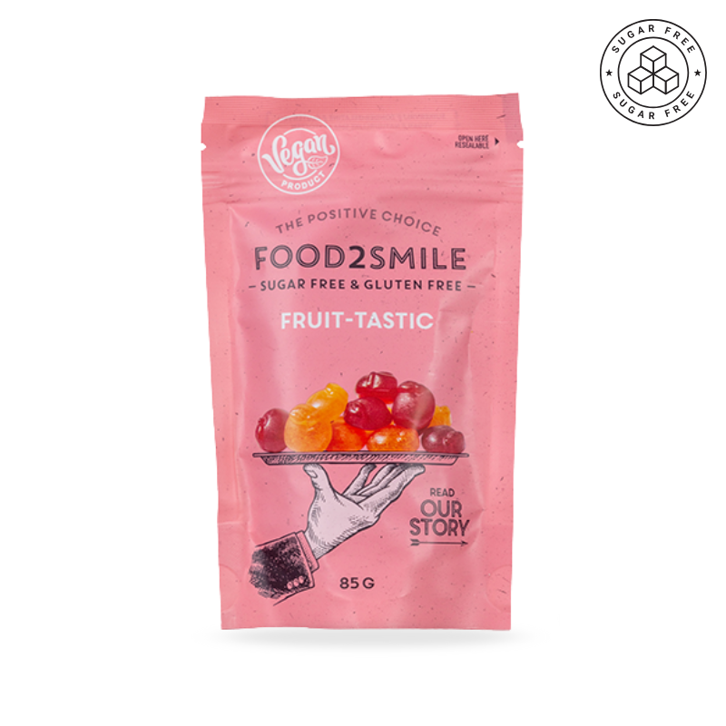Sukkerfrit vegansk slik med smag af appelsin og kirsebær – frugtige vingummier uden gluten, perfekt som en sommerlig og ansvarlig snack.
