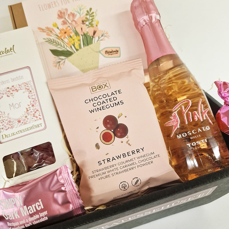 Gavekurv med moscato. vingummi og blossombs til verdens bedste mor til morsdag