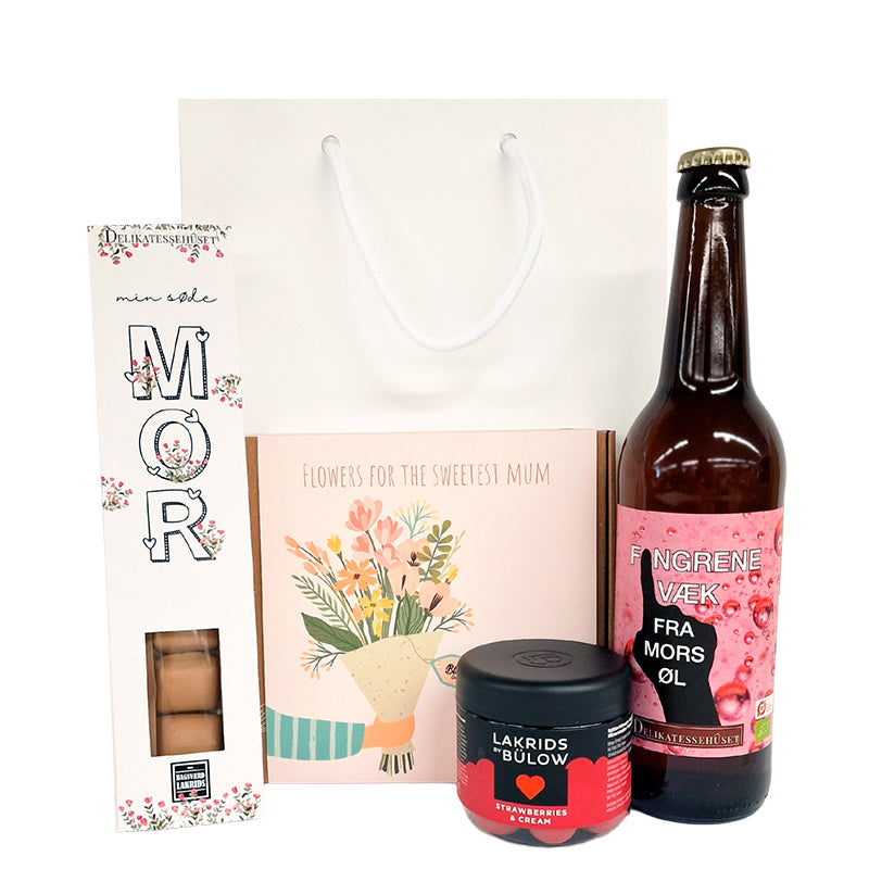 Gavepose med sjov mor øl, lakrids, blossombs  og lakrids