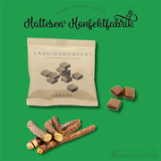 Gourmet lakridskonfekt fra Hattesens Konfektfabrik og naturlige lakridsrødder på grøn baggrund.