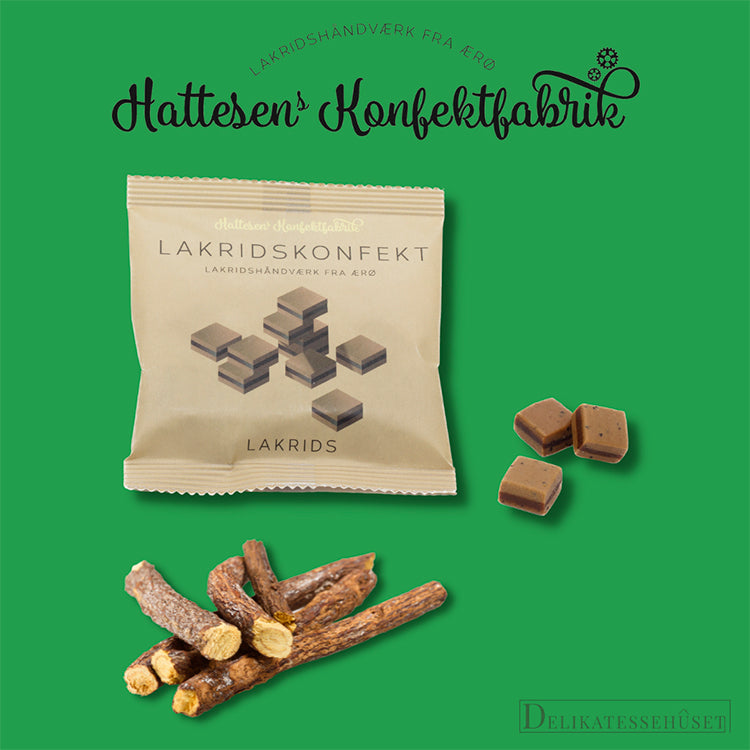 Gourmet lakridskonfekt fra Hattesens Konfektfabrik og naturlige lakridsrødder på grøn baggrund.