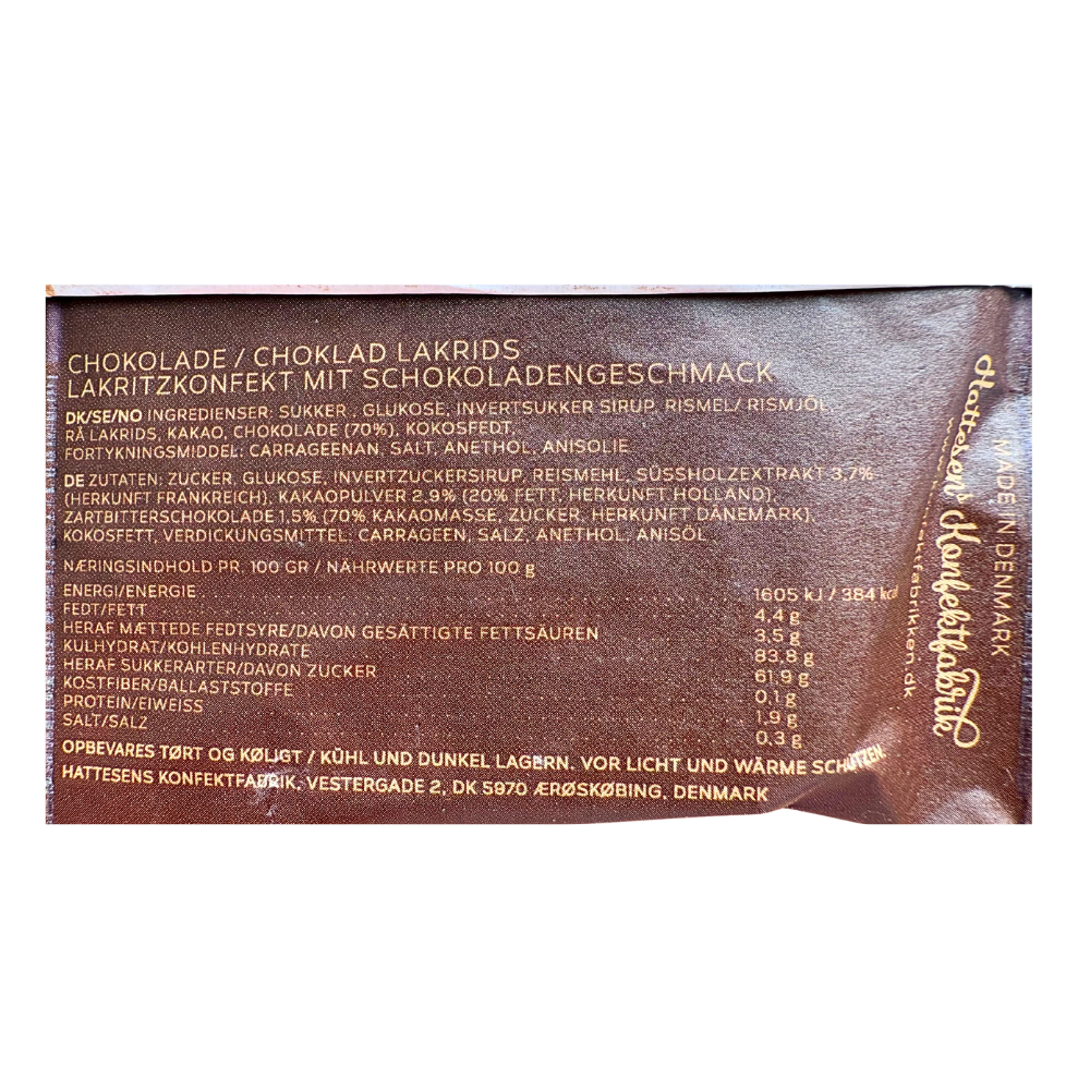 Ingrediensliste og næringsindhold for lakridskonfekt med chokolade fra Hattesens Konfektfabrik.