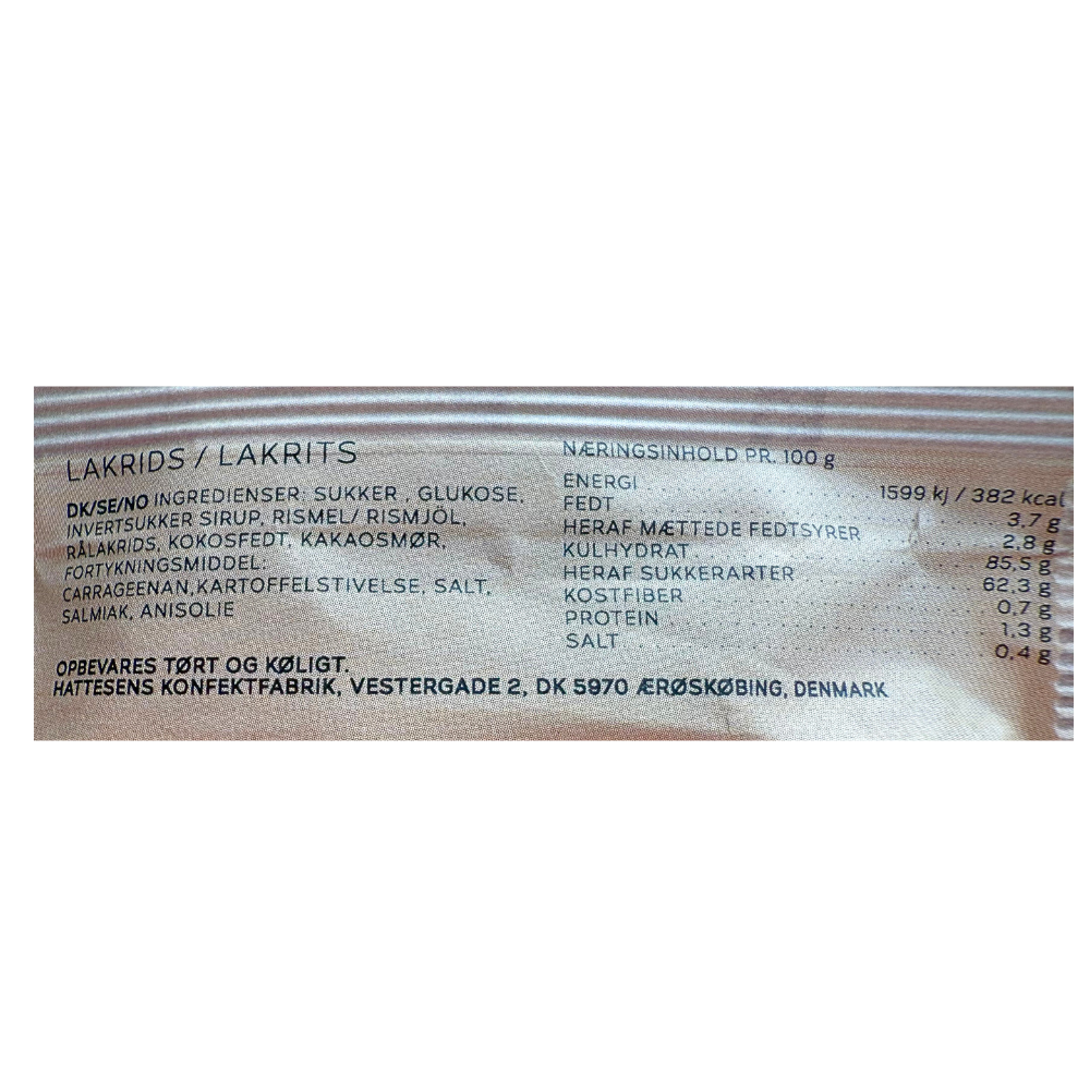 Næringsindhold og ingrediensliste for lakrids fra Hattesen Konfektfabrik på dansk.