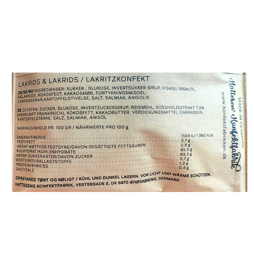 Ingrediensliste og næringsindhold for lakridskonfekt fra Hattesens Konfektfabrik på dansk og tysk.