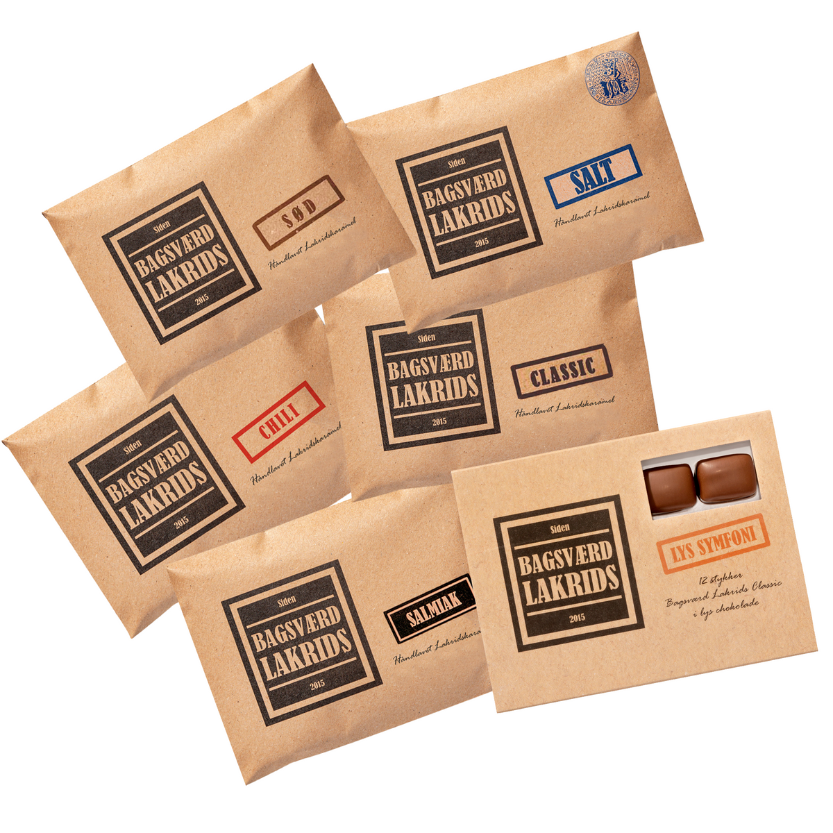 Et udvalg af Bagsværd Lakrids varianter i brune papirsposer inklusive salt og chili lakrids.
