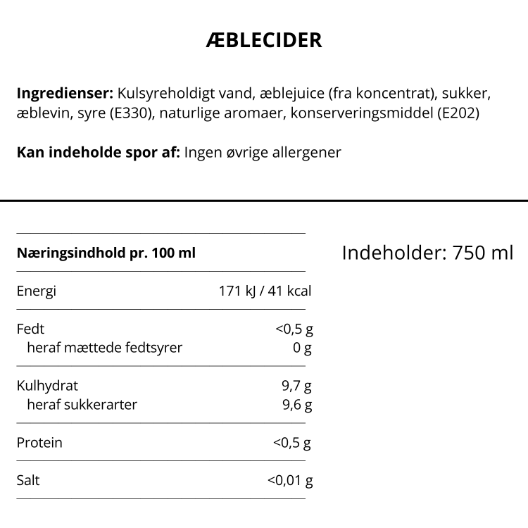 Ingrediensliste og næringsindhold for æblecider læskedrik på delikitessehuset.com.