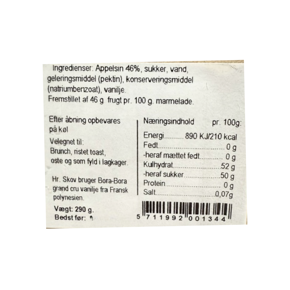 Etiket med ingredienser og næringsindhold for Hr. Skov appelsinmarmelade med vanilje.