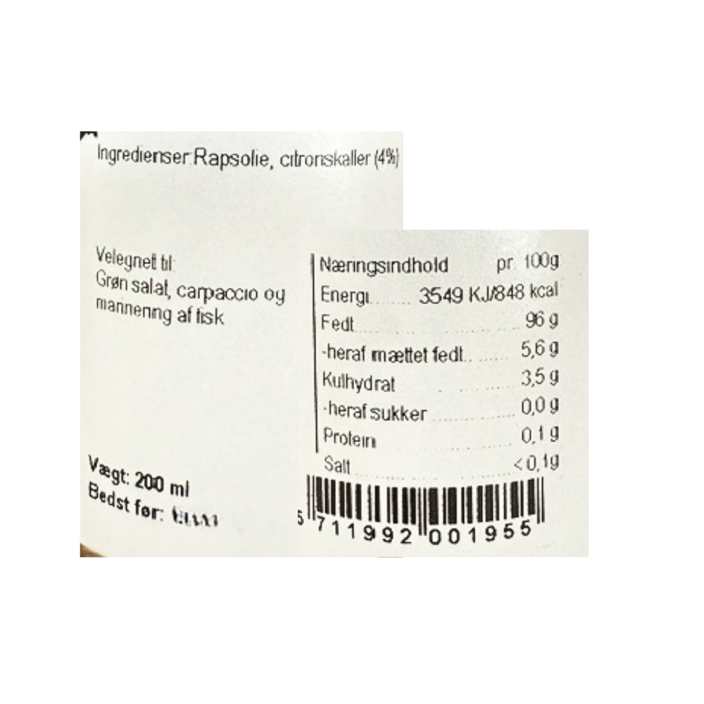 Næringsindhold og ingrediensliste for Hr. Skov citronolie med rapsolie og citronskaller.