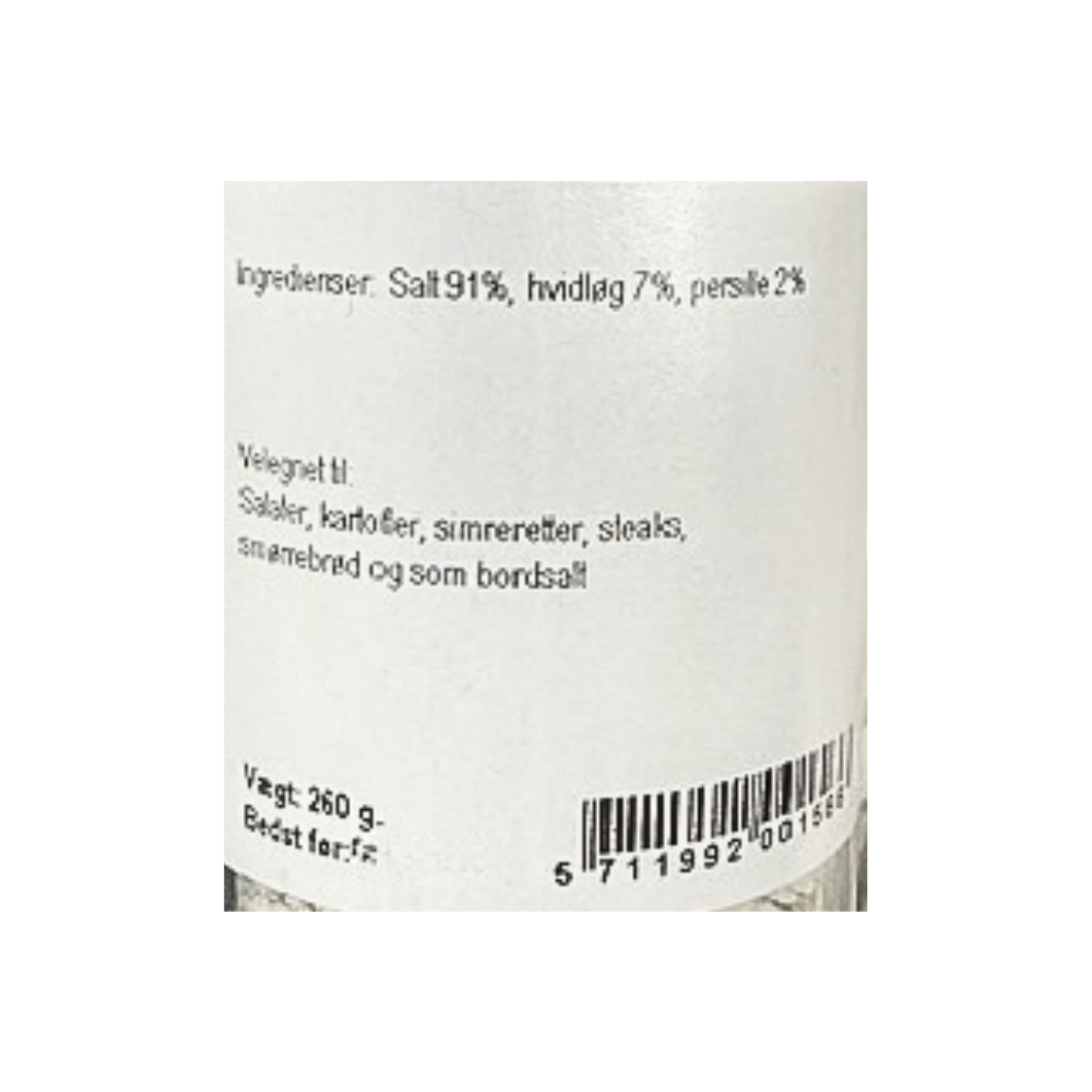Nærbillede af ingrediensliste på Hr. Skov Hvidløg og Persille Salt med 260 gram indhold.