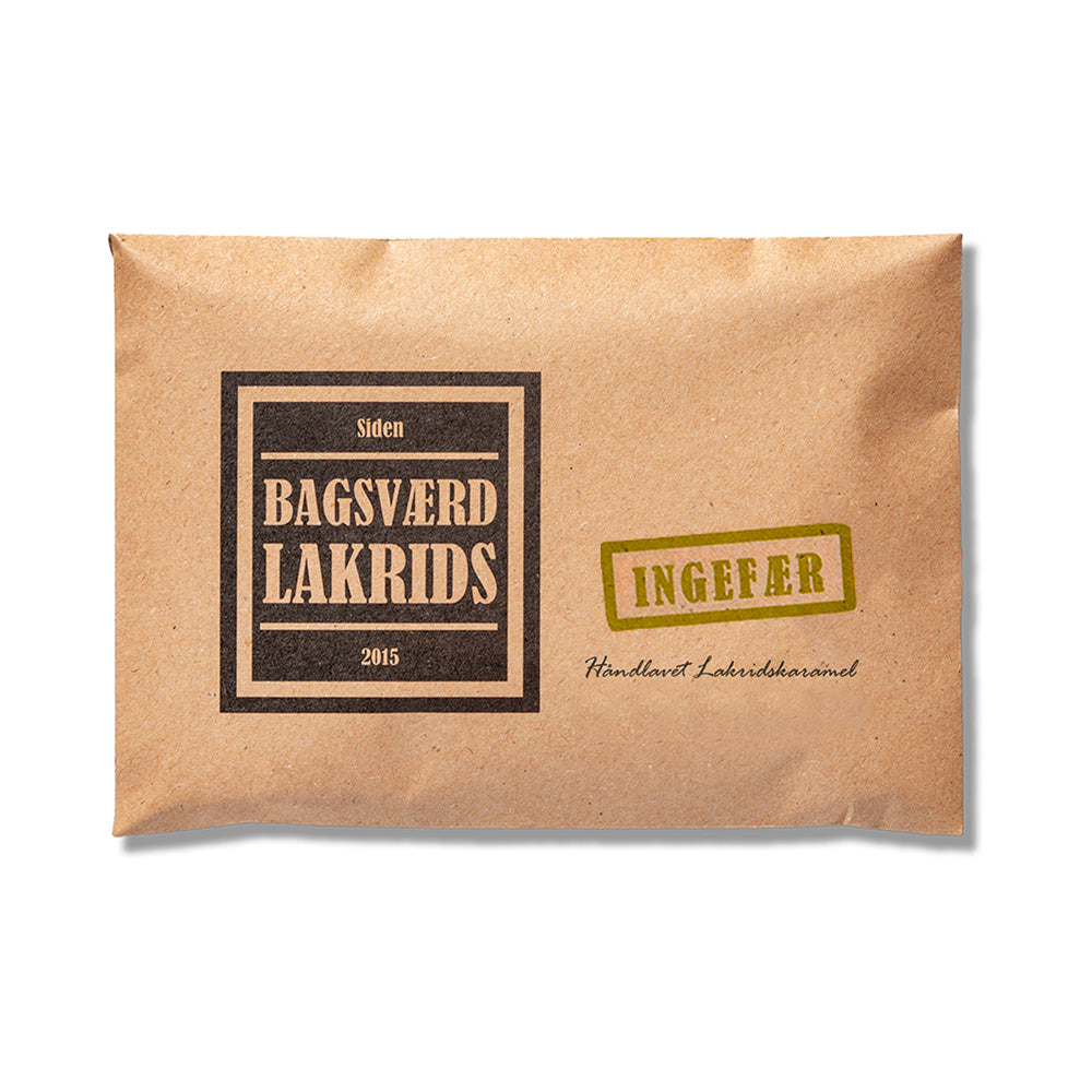Bagsværd Lakrids med ingefær, håndlavet lakridskaramel i brun papirindpakning fra Delikatessehuset.
