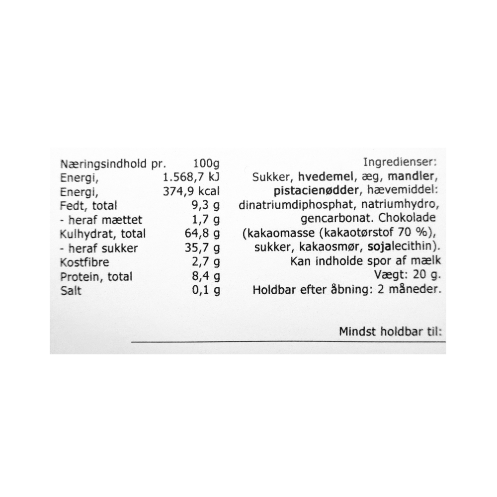 Næringsindhold og ingrediensliste for Kudsk biscotti med mandler og pistacie nødder.
