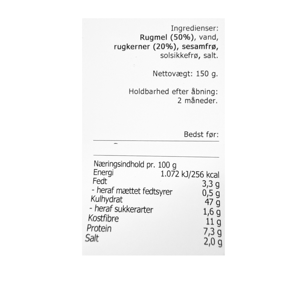 Ingrediensliste og næringsindhold for rugchips fra Kudsk med rugmel, sesam og solsikkefrø.