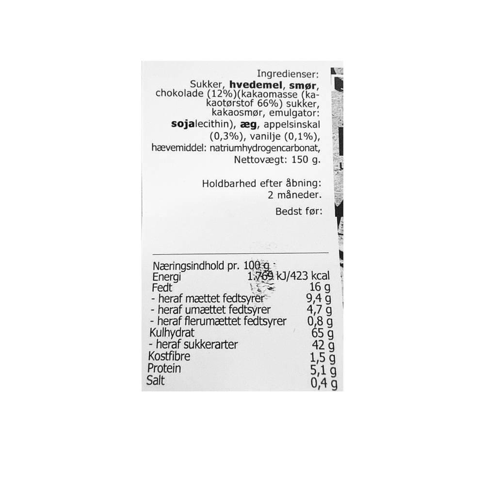 Oversigt over ingredienser og næringsindhold for Kudsk cookies på Delikatessehuset hjemmeside.