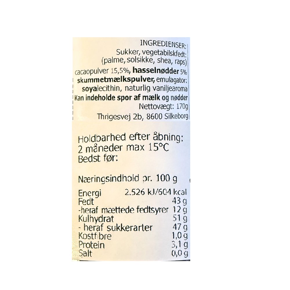Ingrediensliste og næringsindhold for Kudsk mørk chokoladecreme med hasselnødder fra Silkeborg.