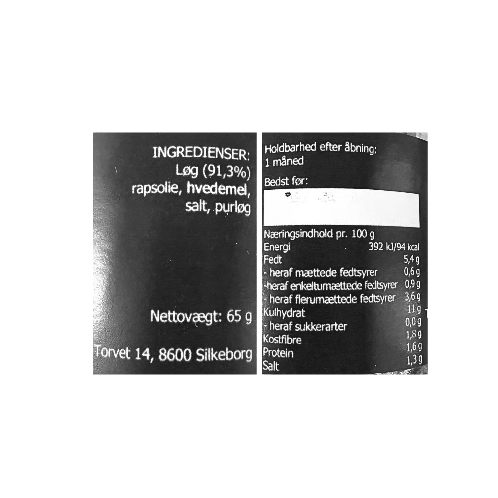 Ingrediensliste og næringsindhold for Kudsk ristede løg fra Silkeborg i en 65 grams pakning.