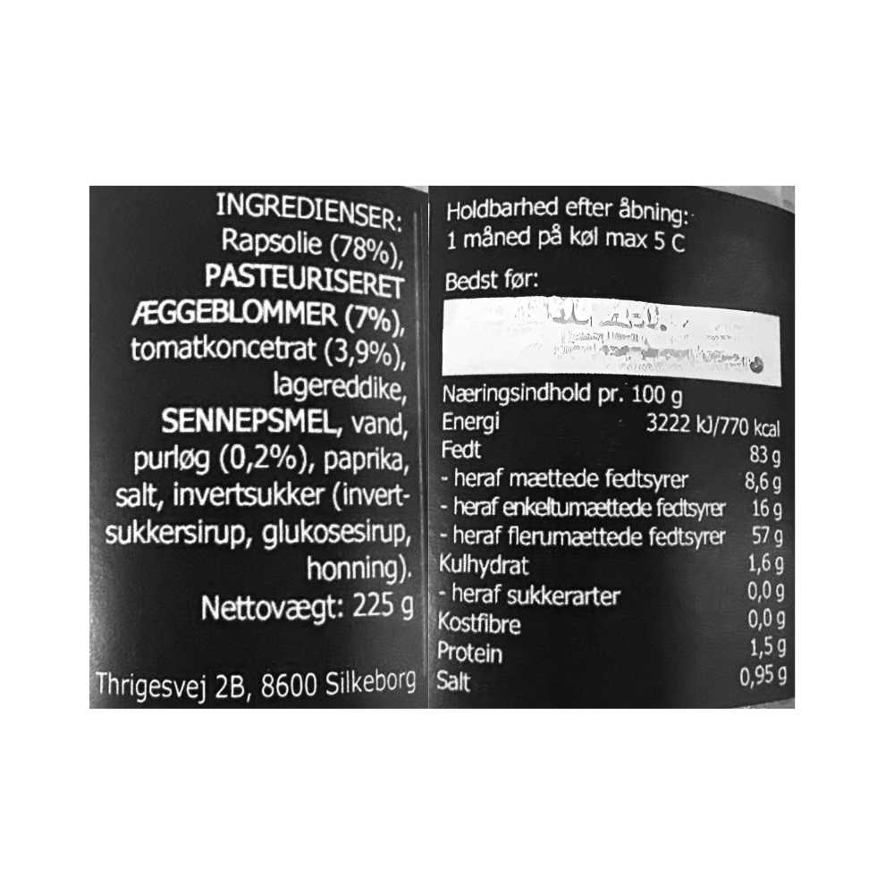 Oversigt over ingredienser og næringsindhold for Kudsk Tomatmayo på dansk.