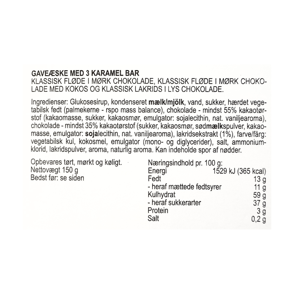 Gaveæske med 3 Karamel Bar fra Karamel Kompagniet med ingredienser og næringsindhold.