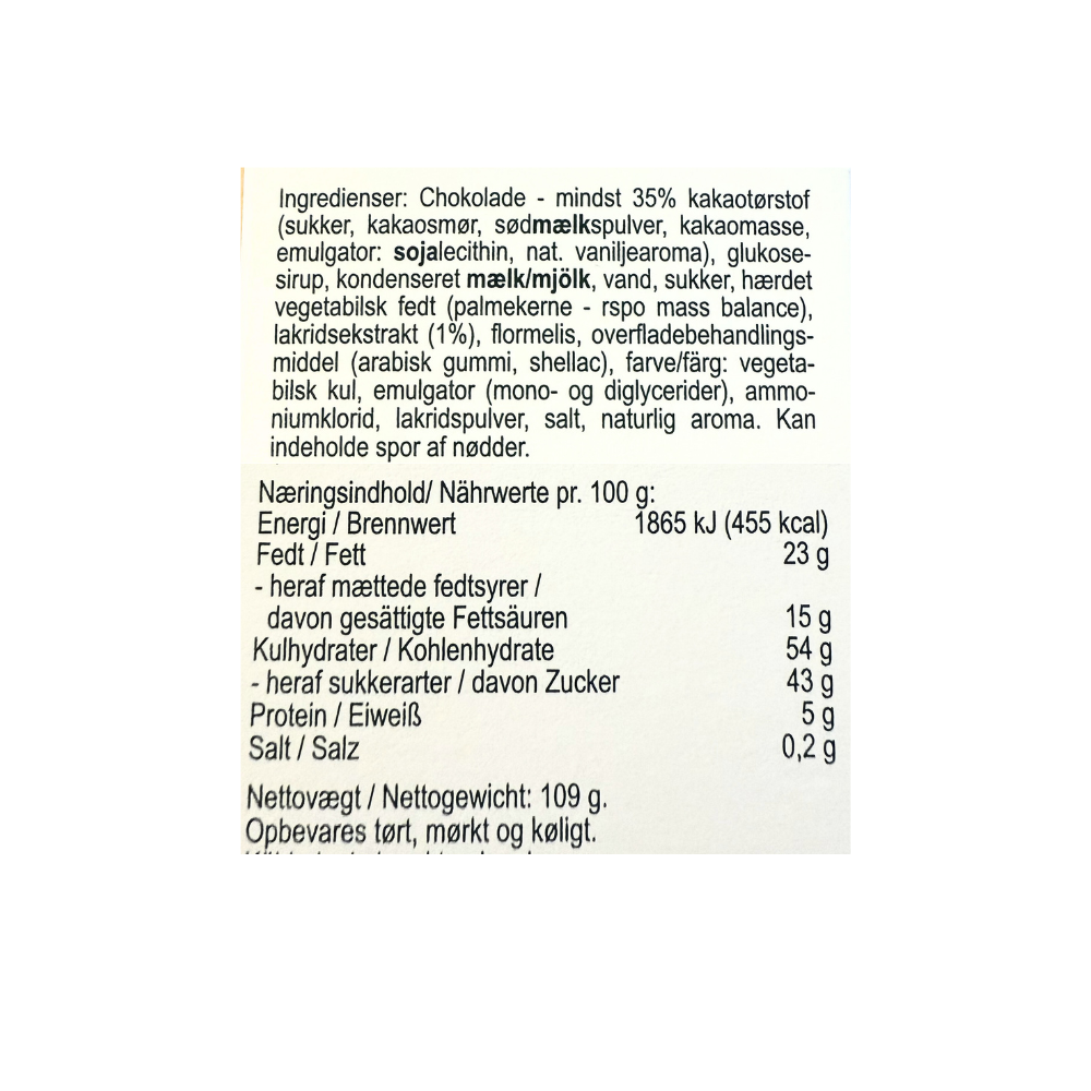 Oversigt over ingredienser og næringsindhold for lakridskarameller fra Karamel Kompagniet.
