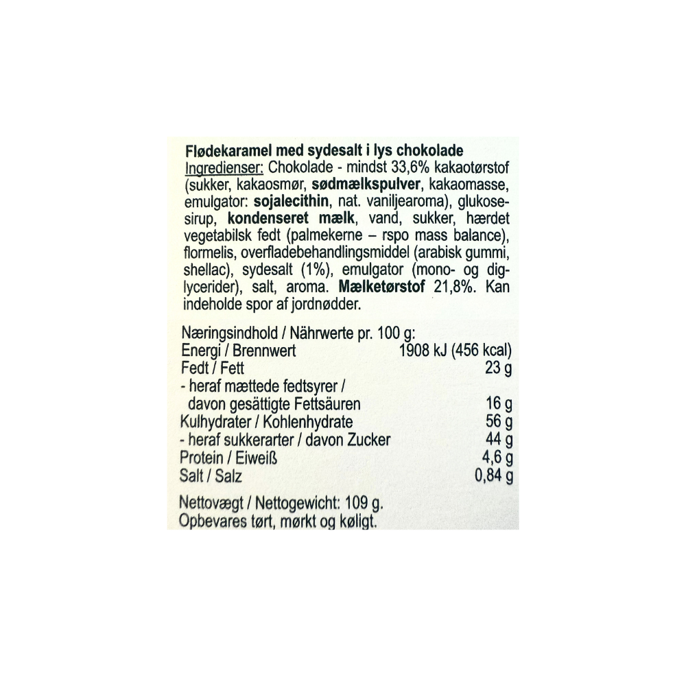 Ingrediensliste og næringsindhold for Karamel Kompagniet flødekaramel med sydesalt i lys chokolade.