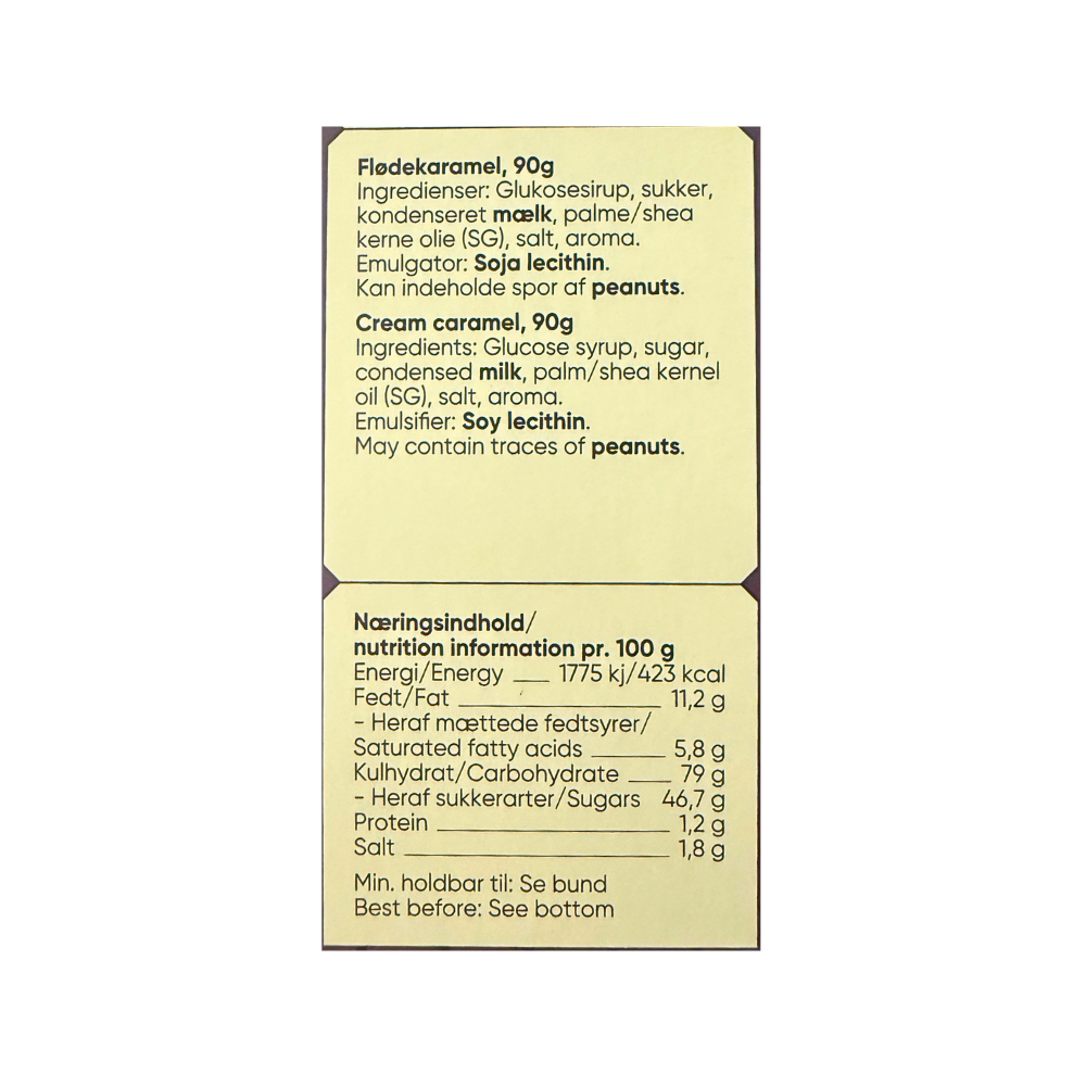 Ingrediensliste og næringsindhold for Karamelleriet flødekaramel på dansk og engelsk.