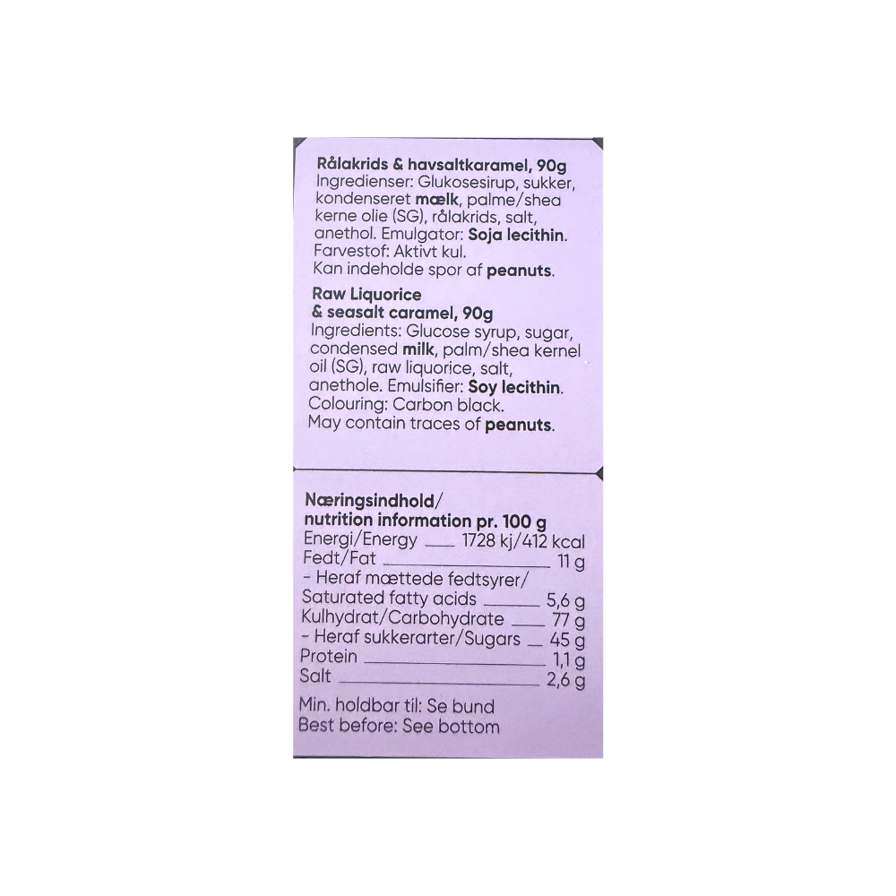 Ingrediensliste og næringsindhold for Karamelleriet rålakrids og havsaltkaramel.