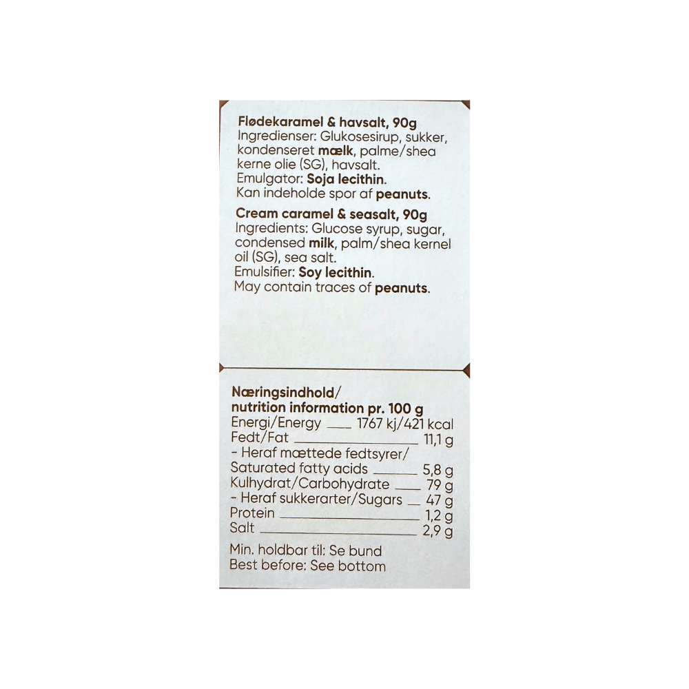 Ingredienser og næringsindhold for Karamelleriet flødekaramel med havsalt på dansk og engelsk.