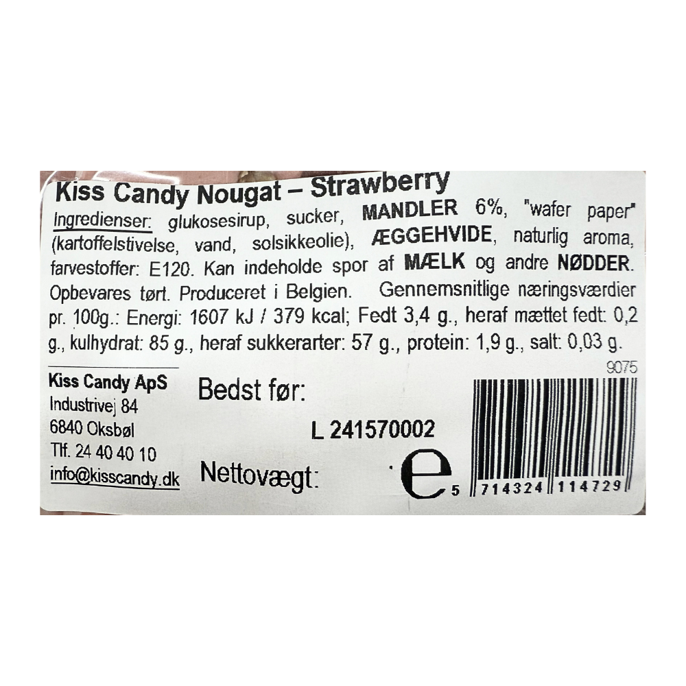Ingrediensliste og næringsindhold for Kiss Candy Fransk Nougat med jordbær.
