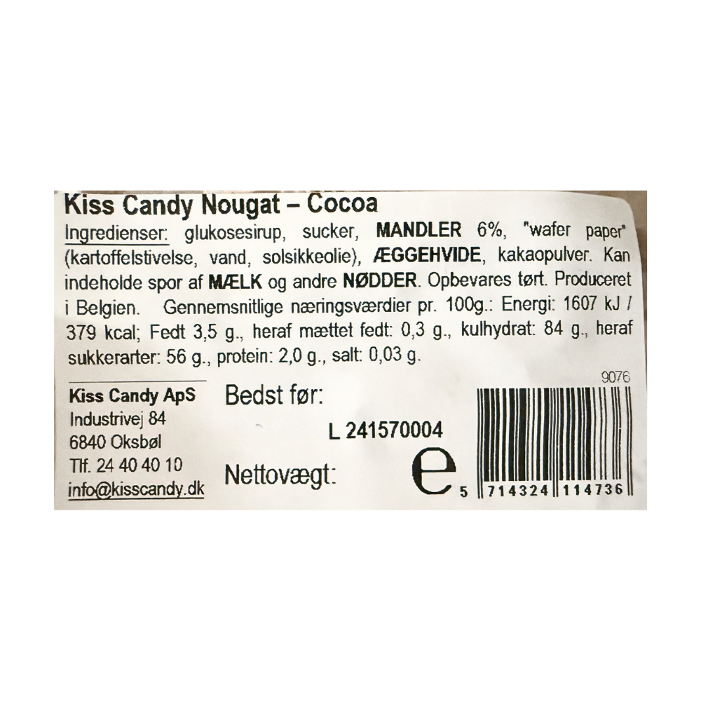Ingrediensliste og næringsindhold for Kiss Candy fransk nougat med kakao og mandler.