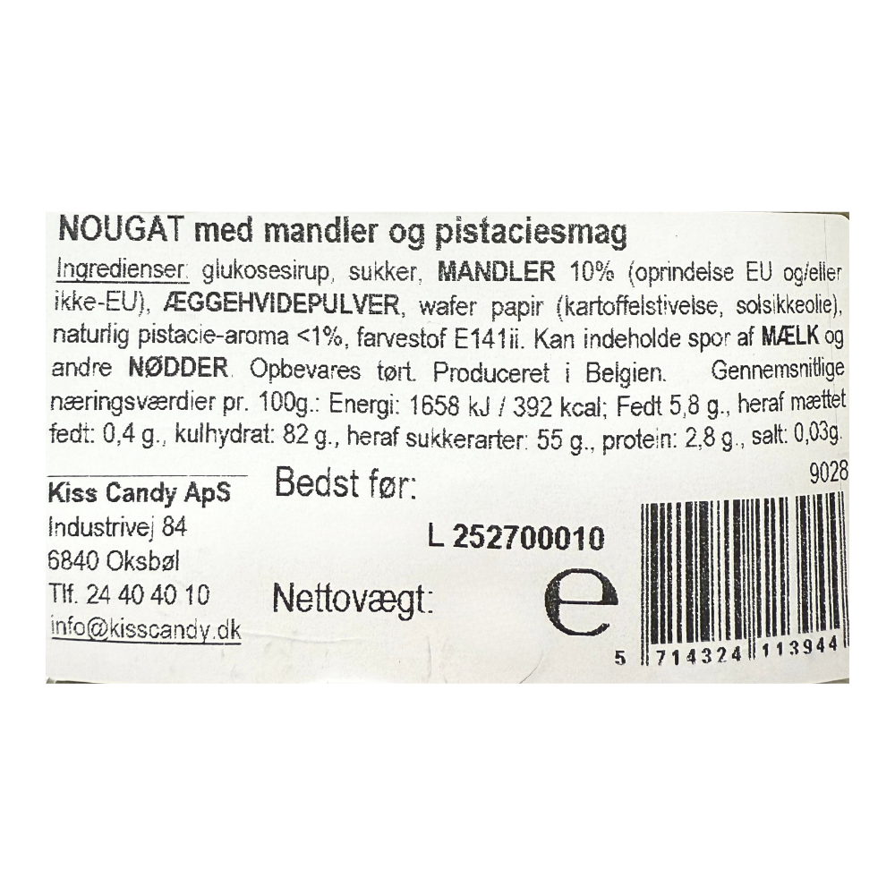 Ingrediensliste og næringsindhold for fransk nougat med mandler og pistaciesmag fra Kiss Candy.