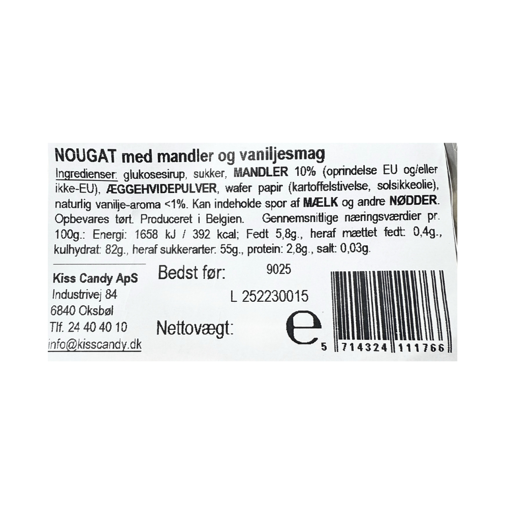 Ingrediensliste og næringsindhold for Kiss Candy fransk nougat med mandler og vaniljesmag.
