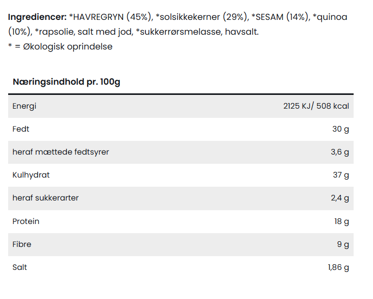 Økologisk og glutenfri Knæk Bræk fra Delikatessehuset med detaljeret ingrediensliste og næringsindhold.